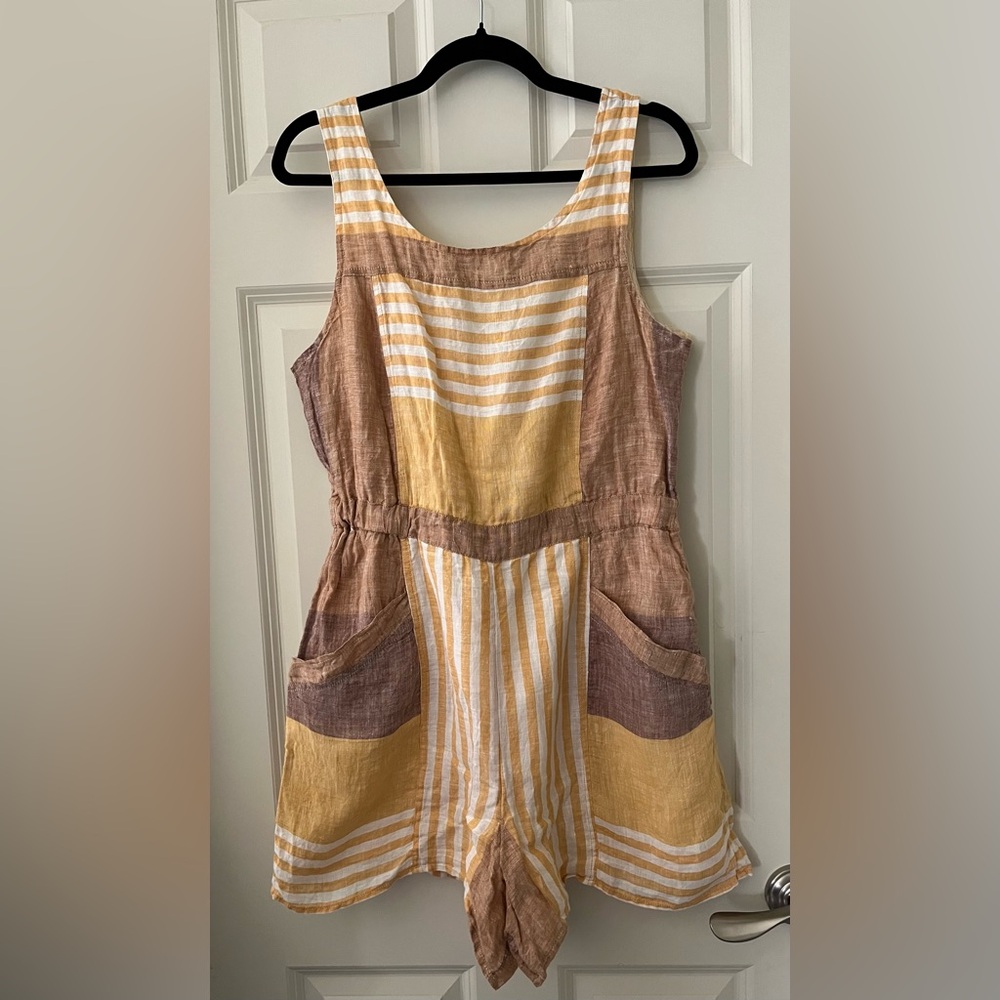 Anthropologie ettitwa linen Sleeveless romper neutral tan gold cream pockets 14 - Picture 2 of 7